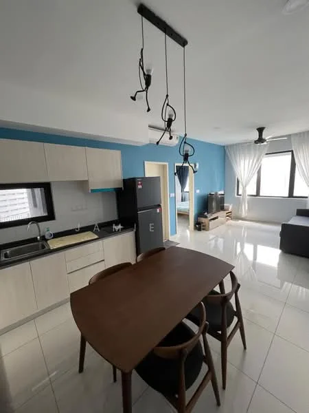 Kitchen features: light wood cabinetry, black refrigerator, white countertop, ceramic tile flooring, pendant lighting, open layout, dining table with wooden legs, 4 wooden dining chairs, wall-mounted TV, floor-to-ceiling windows with sheer curtains, blue accent wall, ceiling fan; style: modern; view: city. Living features: sofa, wooden TV console, area rug, floor-to-ceiling windows with sheer curtains; style: modern; view: city.