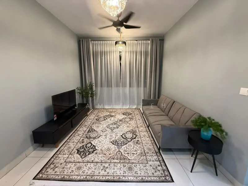 Living features: grey painted walls, white ceiling, 5-blade ceiling fan with light, chandelier, floor-to-ceiling windows, sheer curtains, 3-seater fabric sofa in grey, black TV console, wall-mounted TV, area rug with intricate pattern, decorative plant in ceramic pot, small round side table; style: modern.