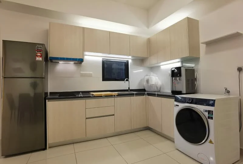 Kitchen features: light wood cabinetry, black countertop, stainless-steel fridge, built-in microwave, single-bowl stainless-steel sink, chrome pull-down faucet, front-load washing machine, tile flooring, recessed LED downlights, window above sink; style: modern.