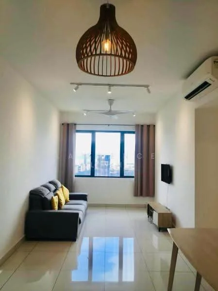 Living features: 3-seater fabric sofa in grey, yellow decorative cushions, wooden coffee table, wall-mounted TV, floor-to-ceiling windows, sheer curtains, recessed LED downlights, 5-blade ceiling fan with light, glossy tile flooring, white painted walls, air conditioning unit; style: modern; view: city.