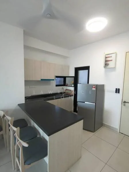 Kitchen features: light wood cabinetry, black countertop, stainless-steel fridge, built-in microwave, ceramic tile flooring, recessed ceiling lights, single-bowl stainless-steel sink, chrome pull-down faucet, bar seating with 4 stools, wall-mounted TV, white walls; style: modern.