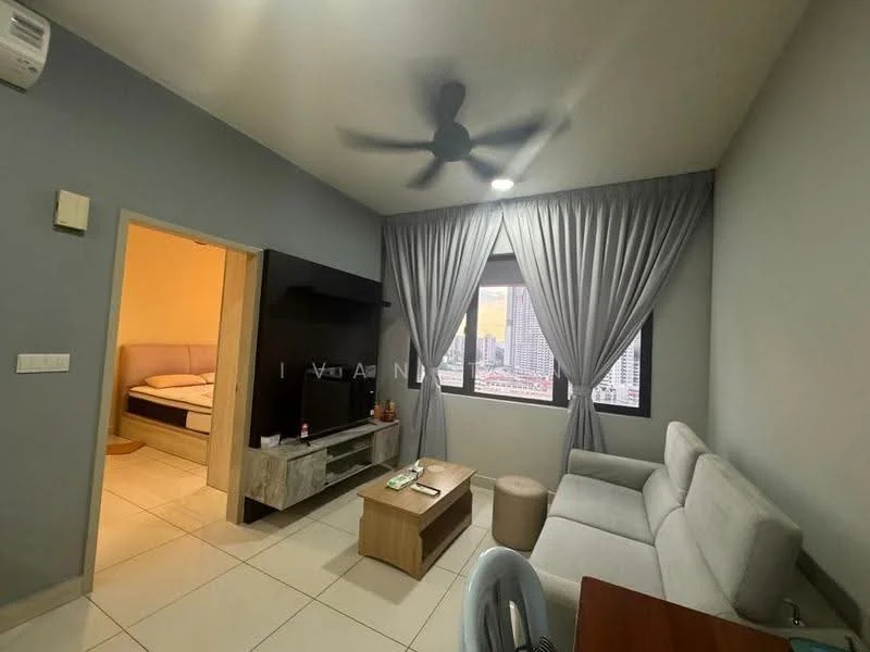 Living features: light grey painted walls, white ceiling, 5-blade ceiling fan, floor-to-ceiling windows, grey fabric sofa, wood coffee table, TV console, decorative wall shelf, curtains, tile flooring; style: modern; view: city. Room features: light grey painted walls, white ceiling, tile flooring, doorway leading to bedroom.