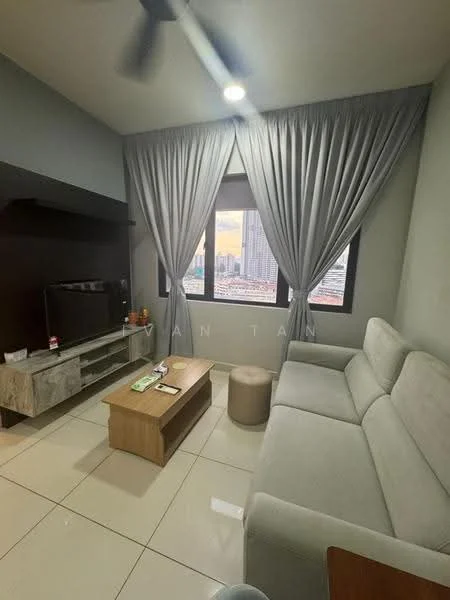 Living features: 3-seater fabric sofa in light grey, wooden coffee table, round ottoman, TV console with storage, wall-mounted TV, floor-to-ceiling windows, sheer curtains, recessed downlights, cream tiled flooring, light grey painted walls, ceiling fan; style: modern; view: city.