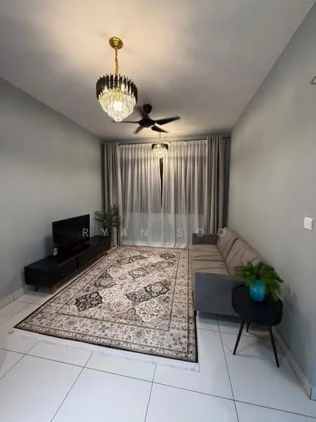 Living features: grey painted walls, white ceiling, 5-blade ceiling fan with light, chandelier, large window with sheer curtains, white tiled flooring, 3-seater fabric sofa in light grey, black TV console, wall-mounted TV, decorative area rug with intricate pattern, potted plant on side table, small round black side table; style: modern.