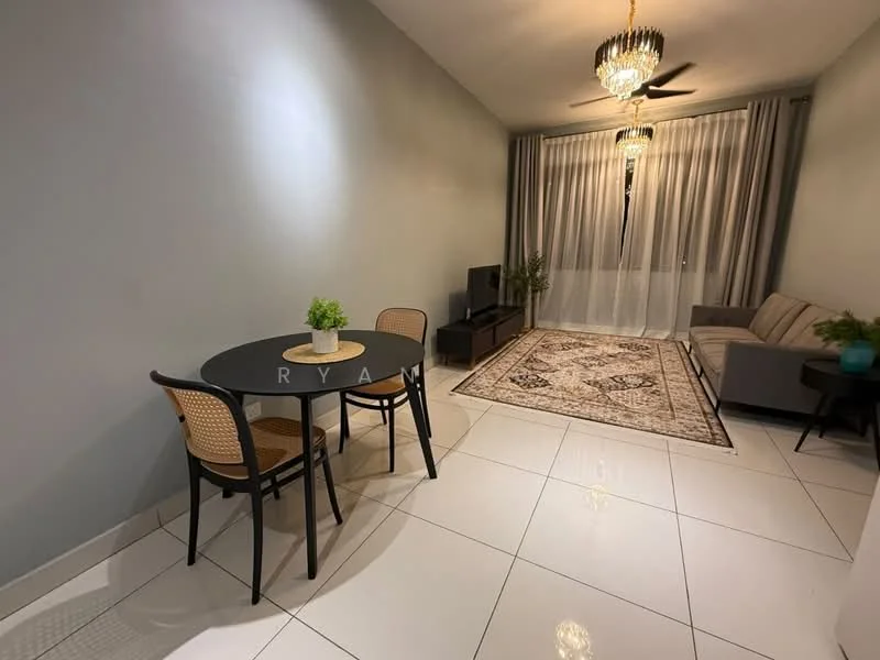 Living features: grey painted walls, white tiled flooring, chandelier light fixture, 5-blade ceiling fan, sofa in light grey fabric, round dining table with black surface, 2 rattan dining chairs, area rug with geometric pattern, TV console, floor-to-ceiling windows with sheer curtains; style: modern.