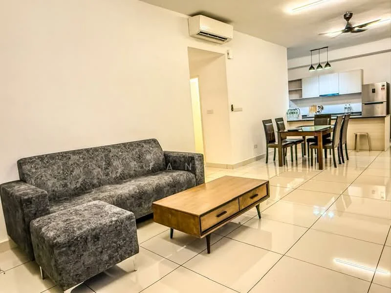 Living features: grey fabric sofa, wood coffee table, white painted walls, glossy tile flooring, ceiling fan with light, wall-mounted air conditioning unit, open layout to dining area, decorative wall art; style: modern. Dining features: 4-seater dining table, transparent dining chairs, white cabinetry, stainless-steel fridge, built-in oven, countertop with bar stools, pendant lighting above table; style: modern.
