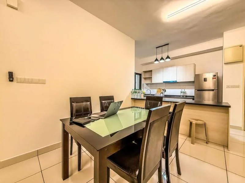 Dining features: 6-seater dining table with glass top, black wooden dining chairs, pendant lighting above the table, white painted walls, tile flooring, open layout to kitchen, stool at the side, wall-mounted intercom, kitchen counter visible in background, stainless-steel fridge visible in background; style: modern. Kitchen features: kitchen cabinets in light wood finish, black countertop, stainless-steel fridge, built-in oven, kitchen sink, kitchen appliances visible, open shelving, recessed lighting; style: modern.