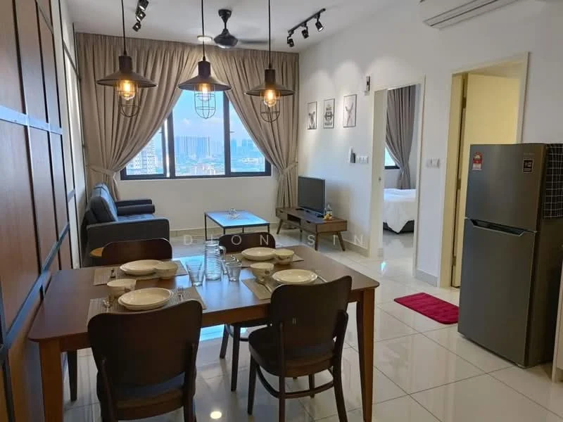 Living features: floor-to-ceiling windows, grey curtains, 5-blade ceiling fan with light, recessed downlights, wall-mounted TV, TV console, dining table with 4 chairs, decorative wall art, white walls, polished tile flooring, sofa, area rug; style: modern; view: city. Room features: refrigerator, doorway leading to bedroom.