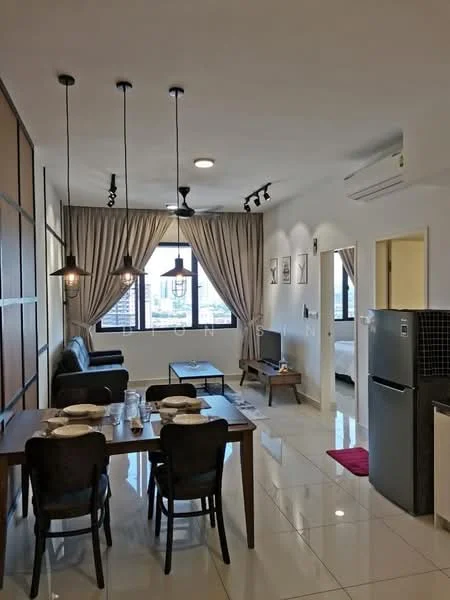 Living features: 3-seater fabric sofa in black, 2-seater fabric sofa in grey, coffee table, wall-mounted TV, recessed downlights, pendant lighting, floor-to-ceiling windows with city view, curtains, white painted walls, glossy tile flooring, air conditioning unit; style: modern; view: city. Dining features: 6-seater dining table, black dining chairs, table setting with plates and glasses, pendant lighting, white painted walls, glossy tile flooring; style: modern; view: city. Kitchen features: stainless-steel fridge, black tiled backsplash, white cabinetry, countertop, glossy tile flooring; style: modern. Bedroom features: queen-size bed, white bedding, built-in wardrobe, white painted walls, glossy tile flooring; style: modern.