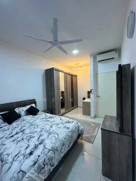 Bedroom features: king-size bed with marble-patterned bedding, upholstered headboard, 2 bedside pillows, built-in wardrobe with sliding doors, wooden dresser, wall-mounted TV, ceiling fan, wall-mounted air conditioning unit, white painted walls, tile flooring, area rug, decorative wall clock; style: modern.