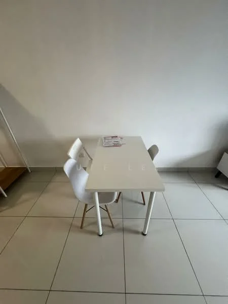 Room features: white rectangular dining table, two chairs with white seats and wooden legs, light grey wall, white tiled flooring, natural light from window, minimalist decor; style: modern.