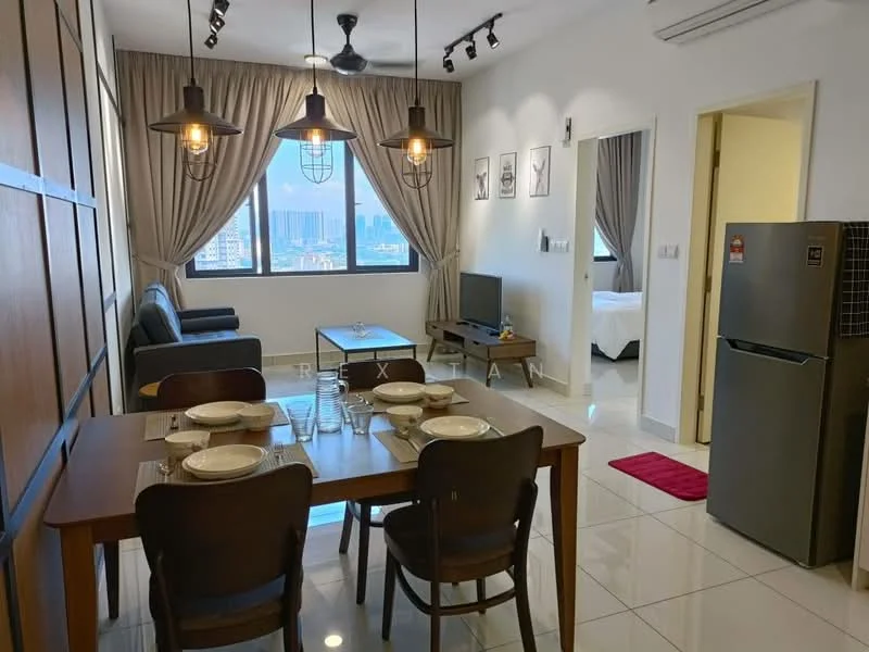 Dining features: 6-seater dining table, wooden dining chairs, white plates on the table, glassware on the table, pendant lighting above the table, recessed downlights, white walls, glossy tile flooring, floor-to-ceiling windows, city view from windows, TV console with television, sofa in living area, curtains on windows; style: modern; view: city. Room features: grey refrigerator, door leading to bedroom, air conditioning unit.