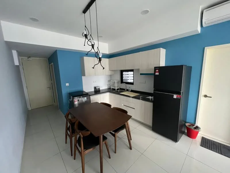 Kitchen features: blue painted walls, white cabinets, black countertop, stainless-steel sink, chrome pull-down faucet, built-in oven, freestanding range oven, stainless-steel fridge, microwave, 4-seater dining table, wooden dining chairs, recessed downlights, tile flooring, air conditioning unit; style: modern.