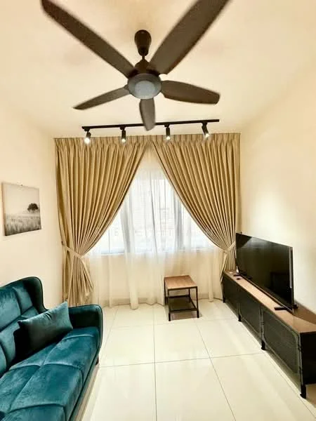 Living features: 3-seater fabric sofa in teal, wooden coffee table, wall-mounted TV, floor-to-ceiling windows, sheer curtains, heavy drapes, recessed LED downlights, 5-blade ceiling fan; style: modern.