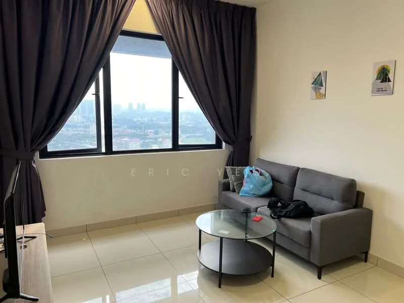 Living features: grey fabric 2-seater sofa, round glass coffee table, floor-to-ceiling windows, blackout curtains, white painted walls, glossy ceramic tile flooring, TV console, city view; style: modern; view: city.