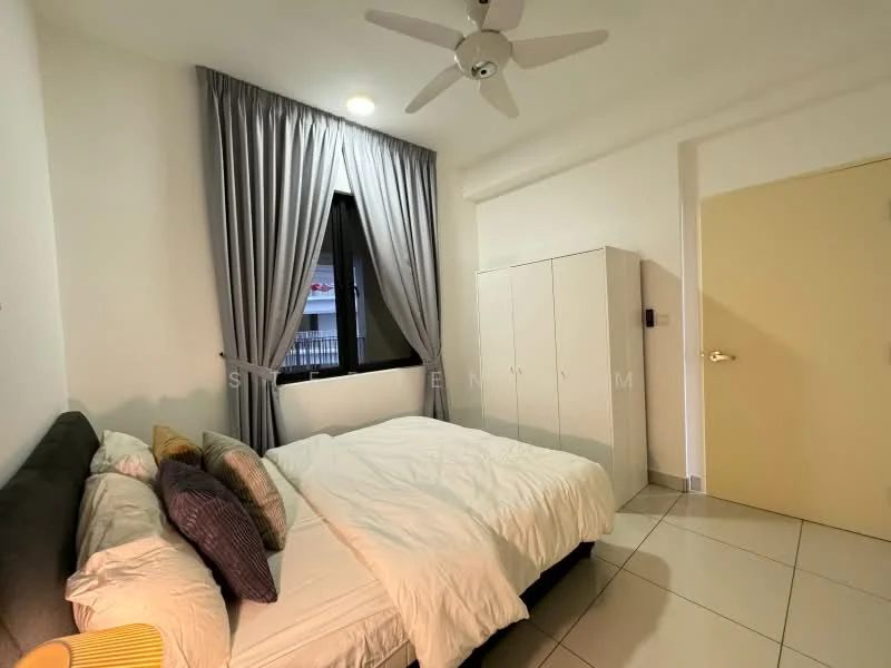 Bedroom features: queen-size bed, upholstered headboard, 2 bedside pillows, white bedding, floor-to-ceiling window, grey curtains, ceiling fan, built-in wardrobe with sliding doors, white walls, tile flooring; style: modern.