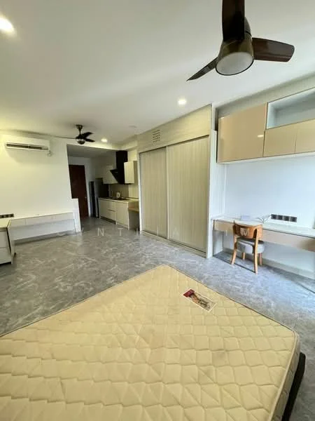 Room features: wall-mounted split AC, ceiling fan with 3 blades, grey tiled flooring, light wood cabinetry, built-in wardrobe with sliding doors, study desk, open shelving, kitchenette area, neutral wall colour, recessed lighting; style: modern.