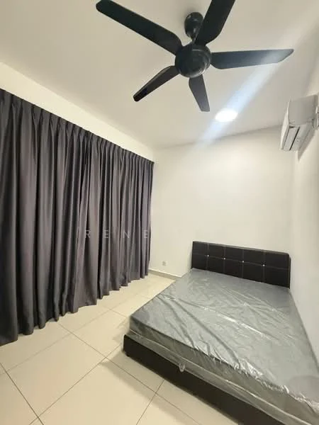 Bedroom features: queen-size bed, black upholstered headboard, grey mattress, 5-blade ceiling fan, wall-mounted air conditioning unit, white painted walls, cream tiled flooring, floor-to-ceiling grey curtains, recessed ceiling light; style: modern.