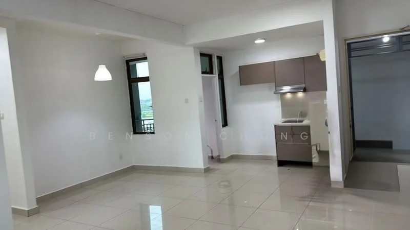 Living features: white painted walls, glossy ceramic tile flooring, recessed downlights, pendant light, floor-to-ceiling windows, open layout, kitchen area with cabinetry, stainless-steel sink, built-in kitchen appliances; style: modern; view: city.
