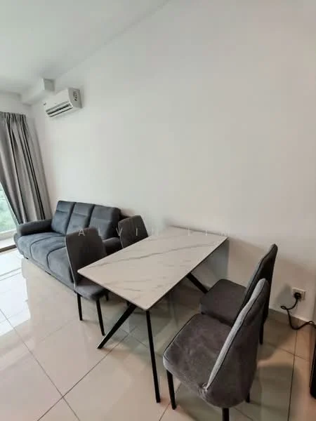 Living features: grey fabric sofa, marble-top dining table, 4 dining chairs with grey upholstery, floor-to-ceiling windows, white painted walls, glossy tile flooring, 1 wall-mounted split AC; style: modern; view: city.