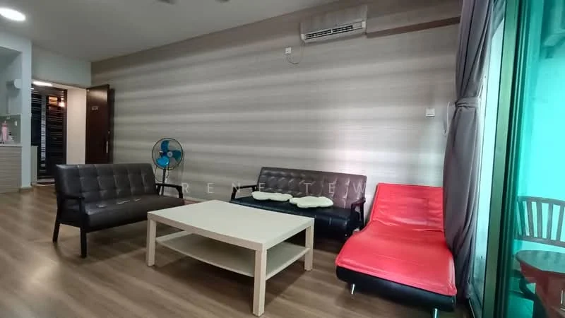 Living features: laminate flooring, light grey painted walls, sofa in black leather, sofa in red fabric, coffee table with wooden surface, floor fan, large sliding glass door, curtains in grey, air conditioning unit on wall, decorative cushions on sofa; style: modern.