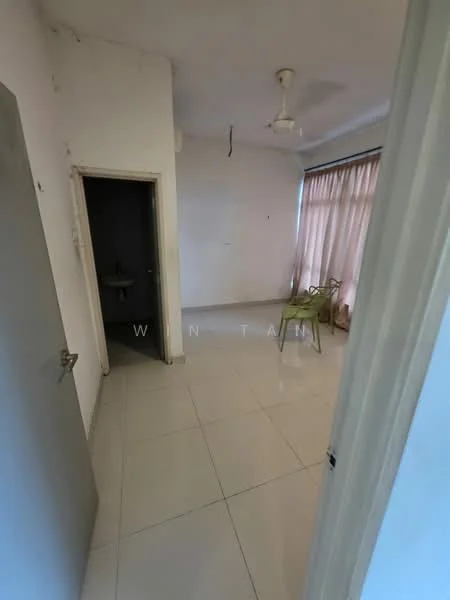 Room features: white painted walls, tile flooring, ceiling fan, large window with sheer curtains, doorway leading to another room, corner space for furniture, neutral color scheme.