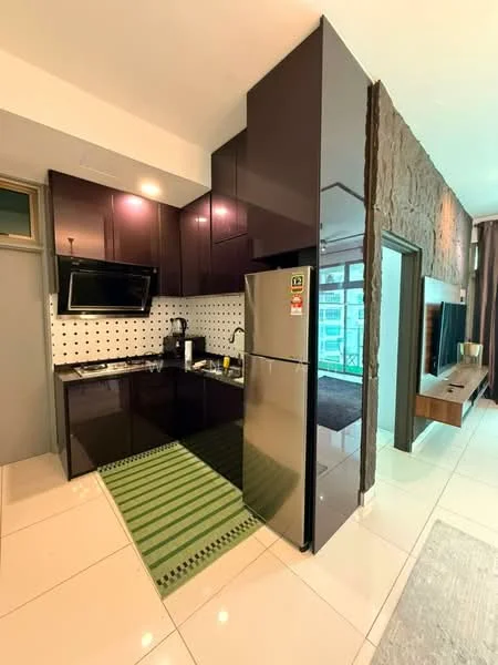 Kitchen features: black glossy cabinetry, white tiled backsplash with black dots, stainless-steel fridge, built-in oven, stainless-steel sink, chrome pull-down faucet, black countertop, green area rug, recessed downlights, wall-mounted TV, open shelving, window with city view; style: modern; view: city.