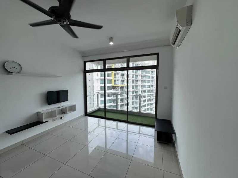 Living features: white painted walls, glossy ceramic tile flooring, 5-blade ceiling fan with light, floor-to-ceiling windows, sliding glass door, TV console, wall-mounted TV, open shelving, black side table, green balcony view; style: modern; view: city.