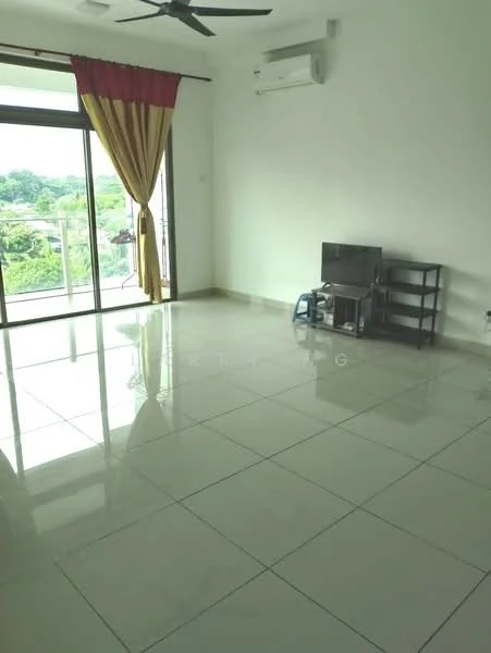 Living features: large floor-to-ceiling windows, sliding glass door, cream painted walls, white ceiling, 5-blade ceiling fan, wall-mounted air conditioning unit, rectangular coffee table, black TV console, flat-screen TV, glossy tile flooring, curtains with red and gold accents, open layout, view of greenery; style: modern; view: garden.