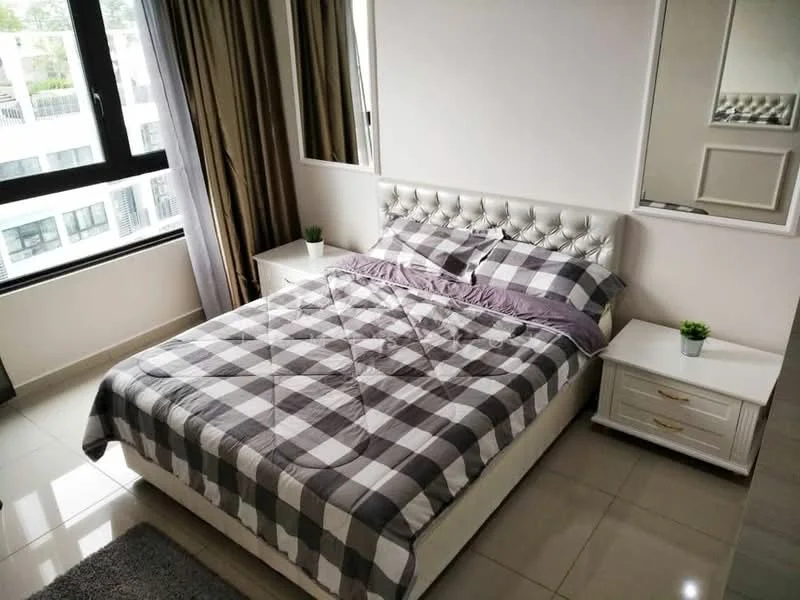 Bedroom features: king-size bed with upholstered headboard, plaid patterned bedding, two bedside tables with drawers, decorative plants on bedside tables, floor-to-ceiling window, curtains in neutral color, mirrored wall panel, glossy tile flooring, wall-mounted mirror; style: modern; view: city.
