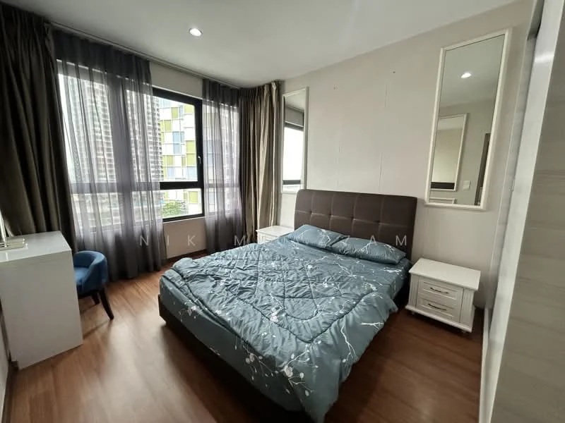 Bedroom features: queen-size bed with upholstered headboard, bedding in blue with floral pattern, two bedside tables in white, mirrored wall-mounted cabinets, floor-to-ceiling windows with sheer curtains, wooden flooring, decorative wall paneling, LED ceiling lights; style: modern; view: city.