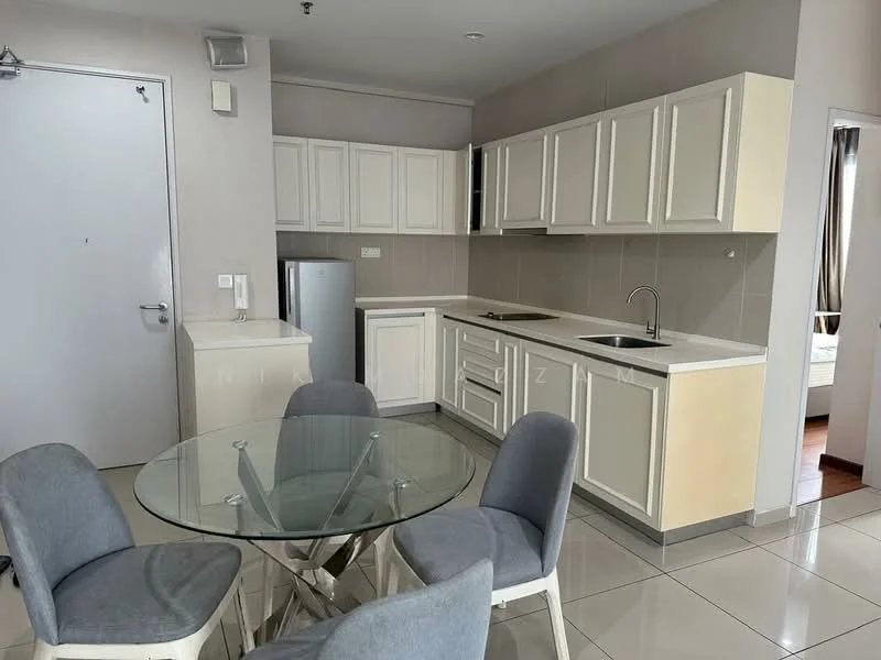 Kitchen features: white shaker cabinets, stainless-steel sink, chrome pull-down faucet, white quartz countertop, built-in fridge, ceramic tile flooring, recessed downlights, glass dining table, upholstered dining chairs, open layout, neutral wall color; style: modern.