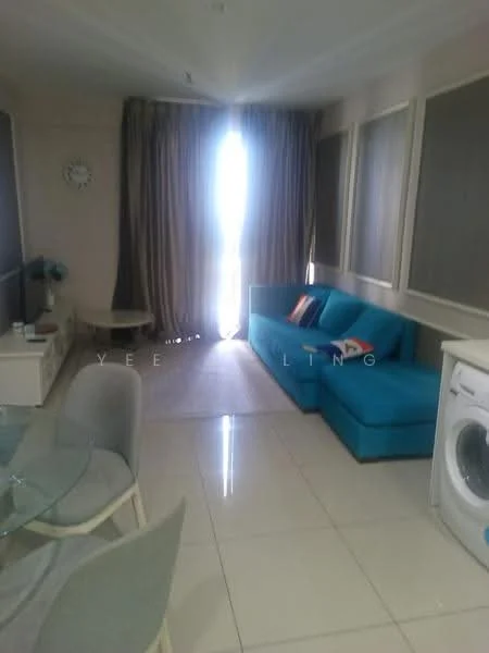 Living features: blue fabric sectional sofa, white TV console, wall-mounted TV, round dining table, 4 dining chairs, large window with sheer curtains, light-colored area rug, washing machine, cream painted walls, glossy tile flooring, clock on wall; style: modern.