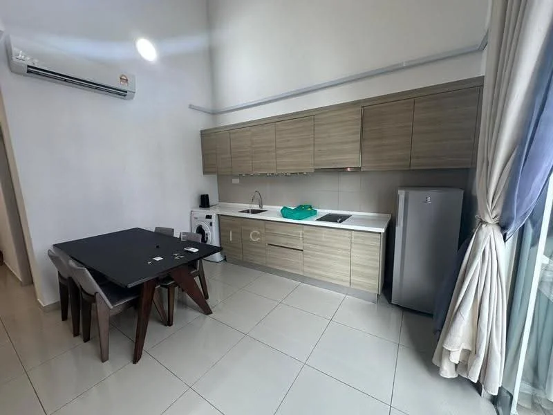 Kitchen features: light wood cabinetry, white countertop, single-bowl stainless-steel sink, chrome pull-down faucet, built-in stove, refrigerator, washing machine, wall-mounted split AC, tile flooring, large window with sheer curtains, dining table with four chairs; style: modern.