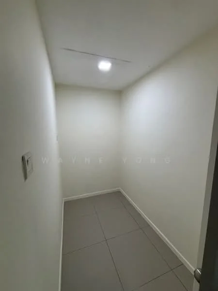 Room features: white painted walls, grey tile flooring, ceiling light fixture.