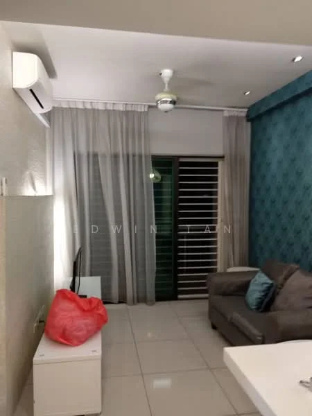 Living features: white painted walls, blue accent wall with textured pattern, white ceiling, recessed downlights, 5-blade ceiling fan, floor-to-ceiling windows with sheer curtains, grey fabric sofa, decorative cushions, white tiled flooring, coffee table, air conditioning unit; style: modern.