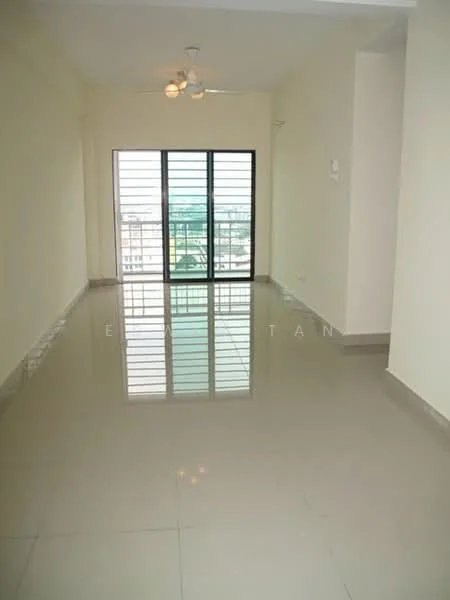 Living features: large floor-to-ceiling windows, sliding glass door, white painted walls, polished ceramic tile flooring, 5-blade ceiling fan with light, city view, neutral color scheme, no visible furniture; style: modern; view: city.
