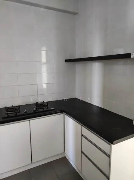 Kitchen features: black countertop, white cabinetry, two-burner gas hob, wall-mounted shelf, white tiled walls, grey tile flooring; style: modern.