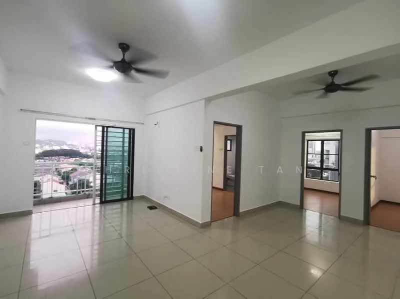 Room features: white painted walls, tile flooring, 2 ceiling fans, floor-to-ceiling windows, sliding glass door, city view, recessed lighting, light switch, door frames, window frames; style: modern; view: city.