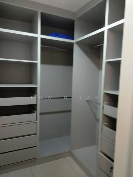 Room features: built-in cabinets, open shelving, drawers, hanging rod, neutral wall colour, tile flooring; style: modern.