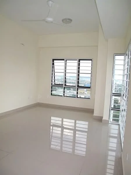 Room features: cream painted walls, glossy tile flooring, 5-blade ceiling fan, large windows with horizontal slats, city view, natural light from windows, no visible furniture, neutral color scheme; style: modern; view: city.