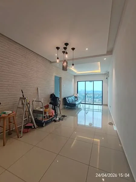Living features: white painted walls, exposed brick accent wall, glossy ceramic tile flooring, recessed downlights, pendant lighting, floor-to-ceiling windows, sliding glass door, black leather sofa, coffee table, decorative items on floor, stool, step ladder; style: modern; view: city.
