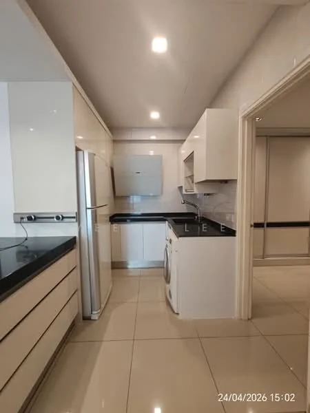 Kitchen features: white cabinetry, black granite countertop, stainless-steel fridge, built-in oven, freestanding washing machine, ceramic tile flooring, recessed downlights, wall-mounted cabinet, single-bowl stainless-steel sink, chrome pull-down faucet; style: modern.