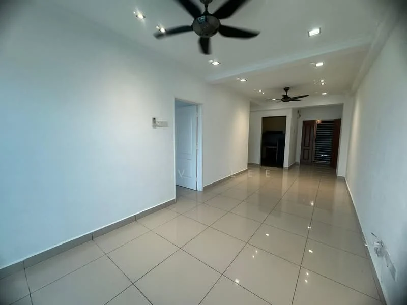 Living features: white painted walls, glossy ceramic tile flooring, recessed downlights, 2 ceiling fans, open layout, doorway leading to another room, doorway leading to hallway, neutral color scheme; style: modern.