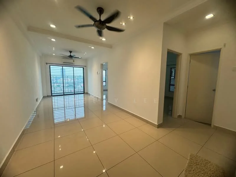 Living features: white painted walls, glossy ceramic tile flooring, tray ceiling with recessed downlights, 5-blade ceiling fan, floor-to-ceiling windows, sliding glass door, city view, neutral color scheme; style: modern; view: city.