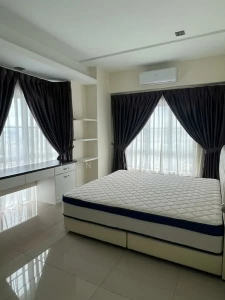 Bedroom features: queen-size bed, upholstered headboard, floor-to-ceiling windows, sheer curtains, blackout curtains, built-in shelving unit, wall-mounted air conditioning unit, glossy tile flooring, recessed ceiling lights, neutral wall color; style: modern; view: city.