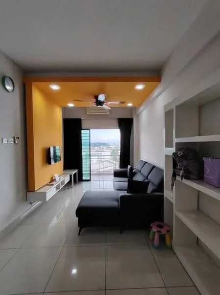 Living features: black L-shape sectional sofa, white TV console, wall-mounted TV, ceiling fan with light, recessed downlights, orange accent wall, grey painted walls, large window with city view, black curtains, glossy tile flooring, open shelving unit, decorative items on shelves, colorful children's stool; style: modern; view: city.