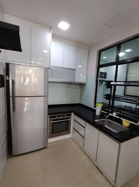 Kitchen features: white flat-panel cabinets, black granite countertop, stainless-steel fridge, built-in oven, 4-burner gas hob, single-bowl stainless-steel sink, chrome pull-down faucet, tile backsplash, recessed downlights, floor-to-ceiling windows, light-colored tile flooring; style: modern.