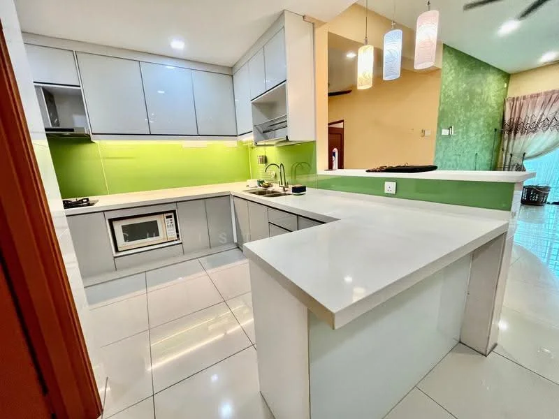 Kitchen features: white quartz countertop, grey flat-panel cabinets, green glass backsplash, stainless-steel sink, chrome pull-down faucet, built-in microwave, freestanding gas range oven, exhaust hood, pendant lights, white tiled flooring, recessed downlights, open layout; style: modern.