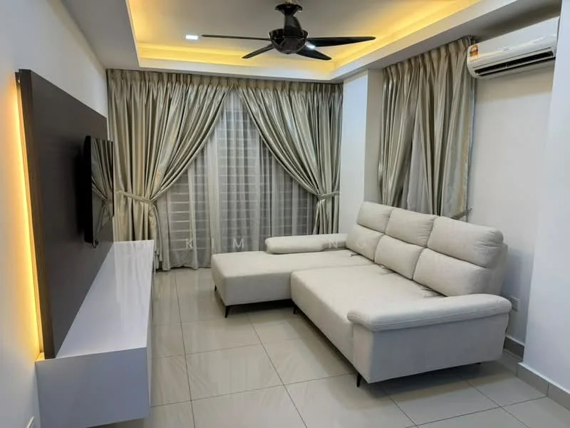 Living features: 3-seater fabric sofa in light grey, sectional sofa with chaise, wall-mounted TV, white TV console, recessed LED lighting, ceiling fan with light, floor-to-ceiling curtains in light grey, large window with sheer curtains, glossy tile flooring, air conditioning unit on wall; style: modern.